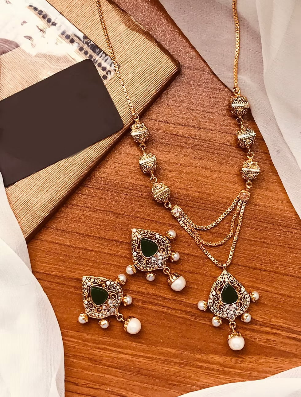 Maha Egyptian Mala & Earrings - Dark Green