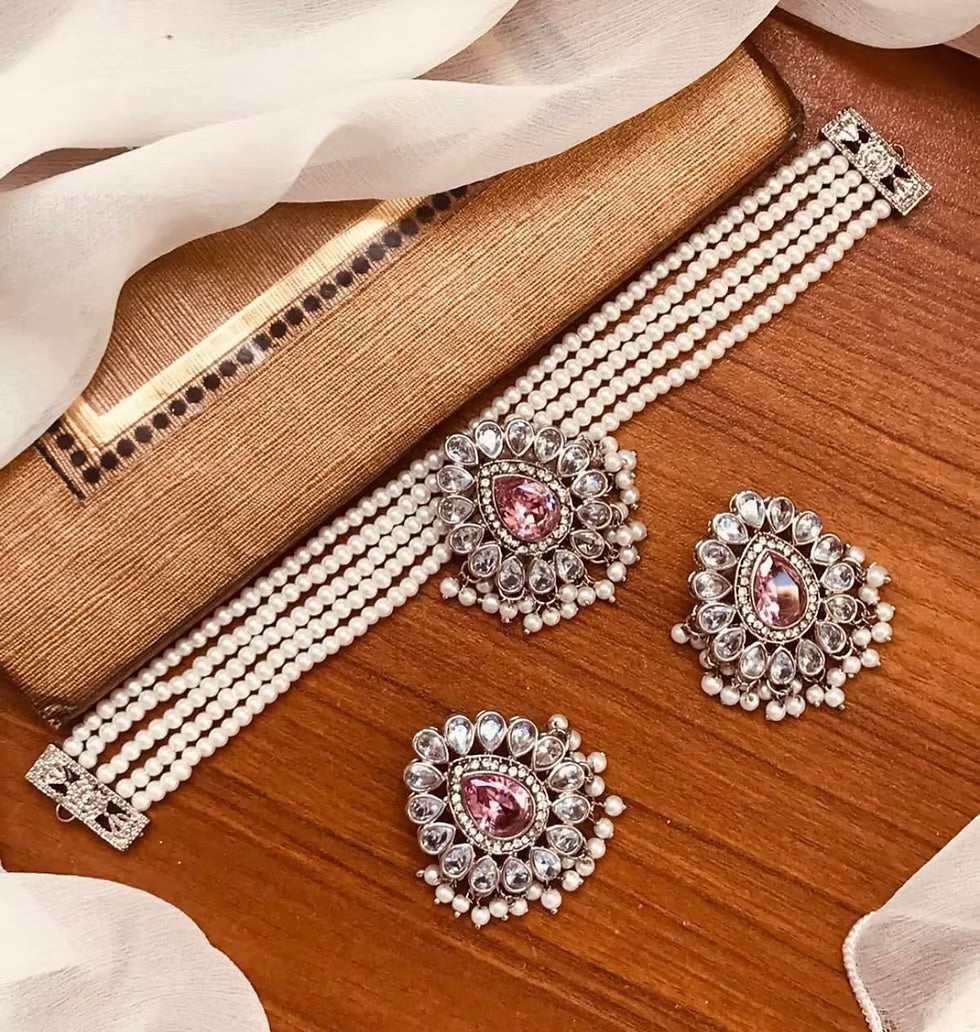 Heer Choker & Ear Studs set - Silver & Pink