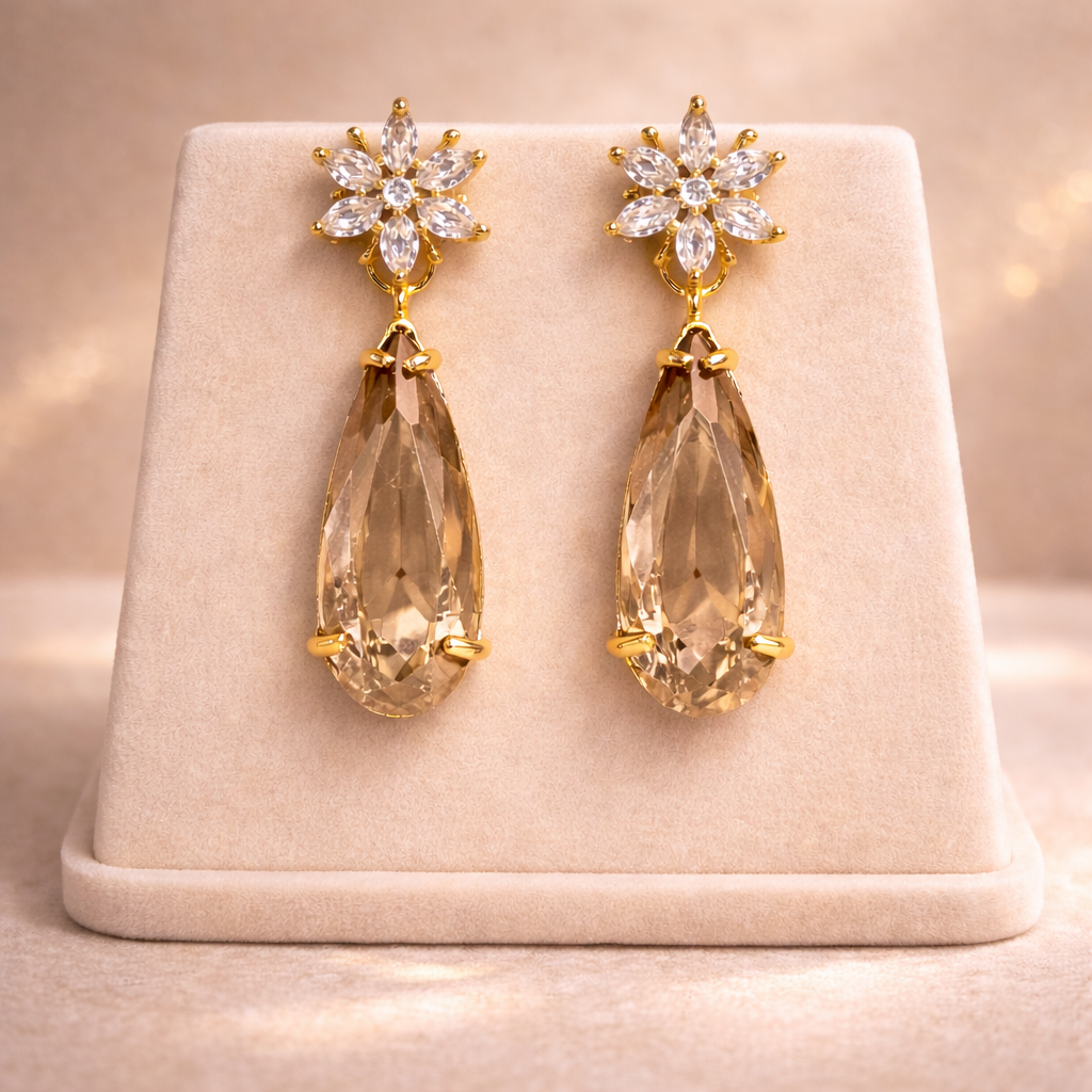 Hiba Flower Zircon Drop Earrings - Champagne