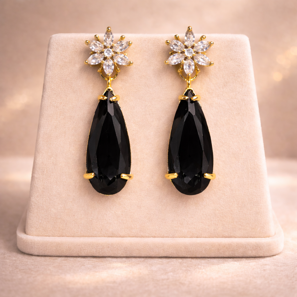 Hiba Flower Zircon Drop Earrings - Black