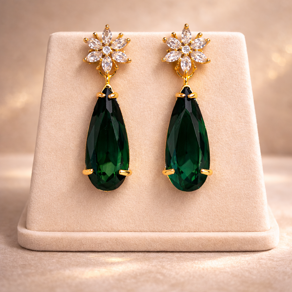 Hiba Flower Zircon Drop Earrings - Green