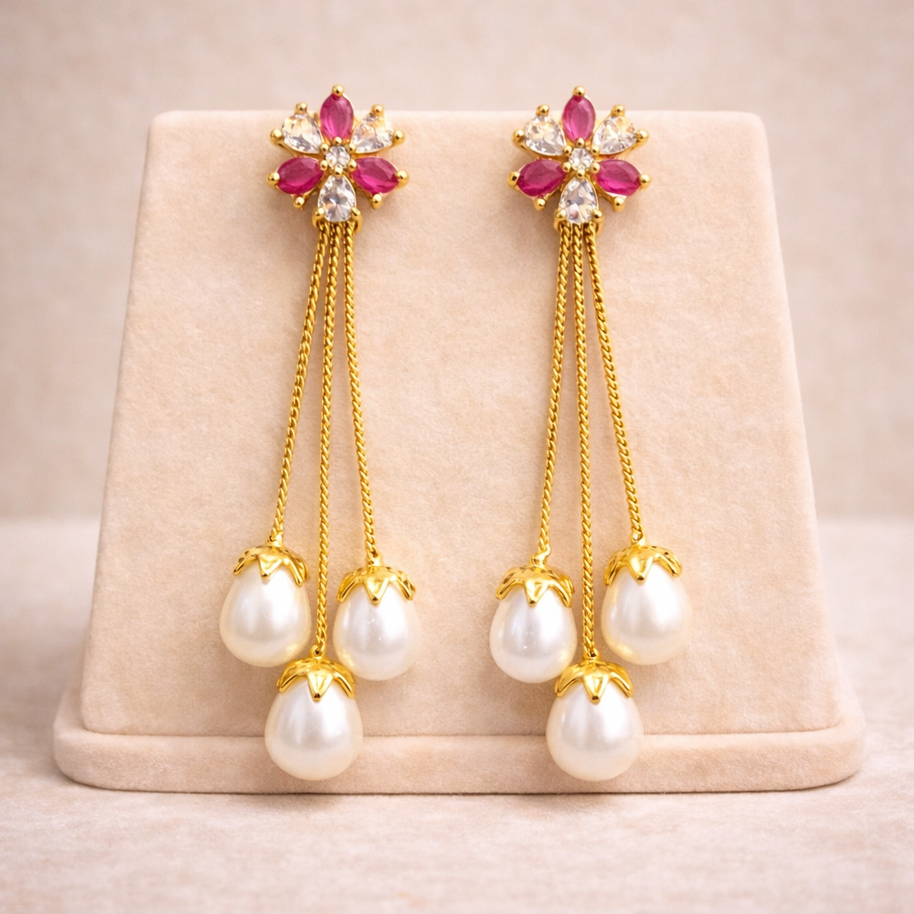 Zircon Double Pearl Drop Earrings - Pink & Silver