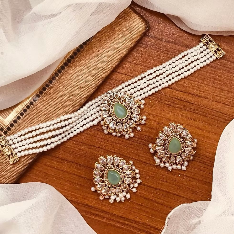Heer Choker & Ear Studs set - Gold & Sage Green