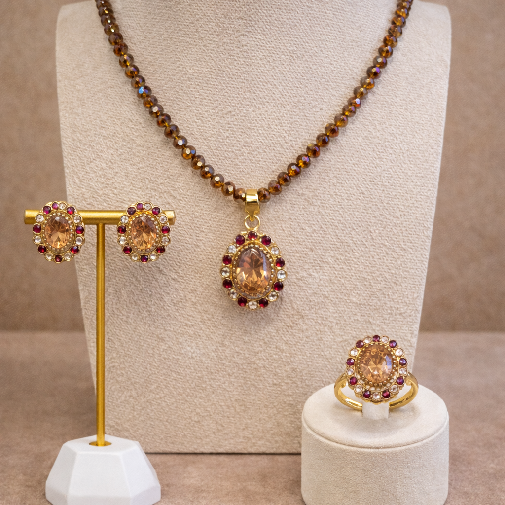 Ruhi Champagne & Pink Oxidised Pendant set