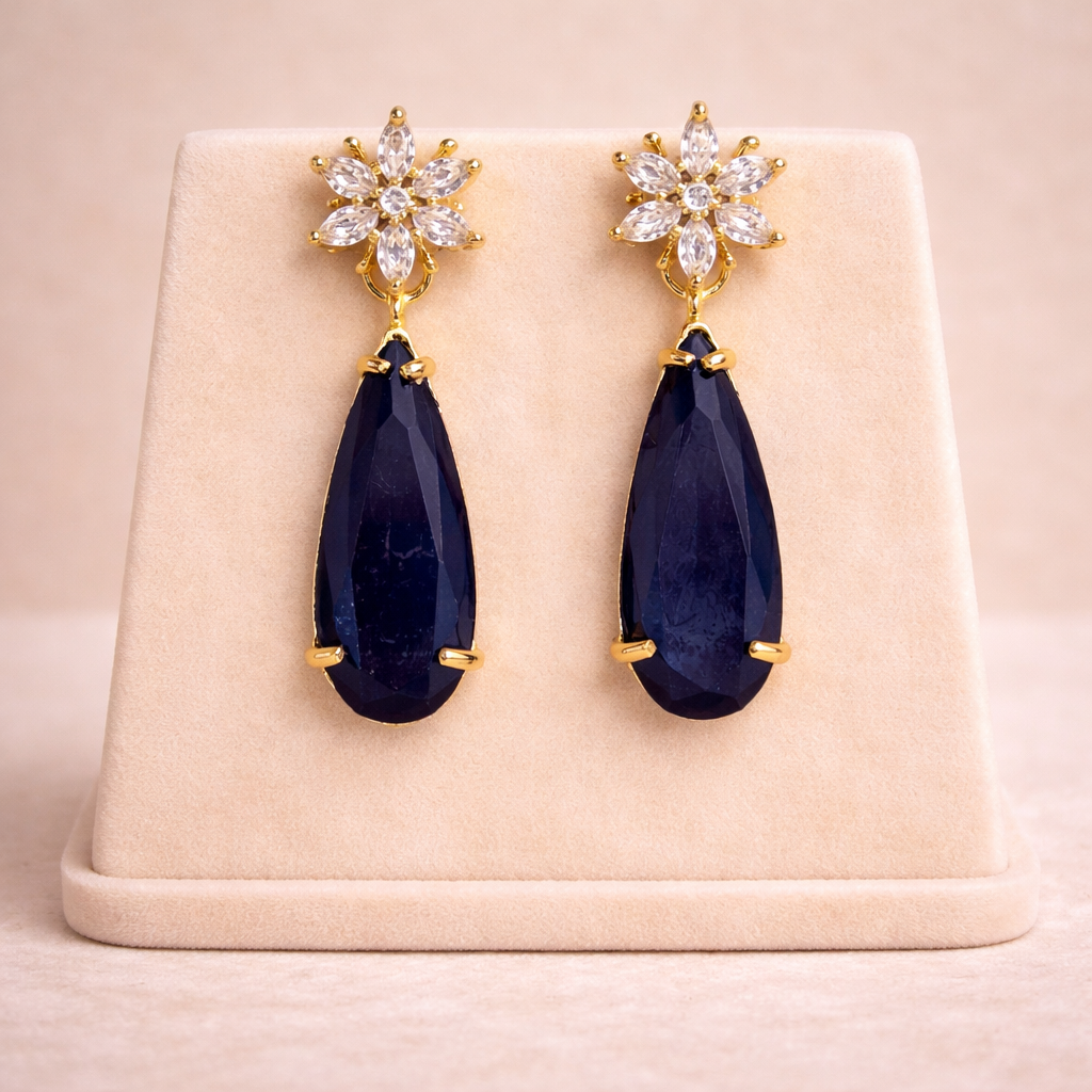 Hiba Flower Zircon Drop Earrings - Blue