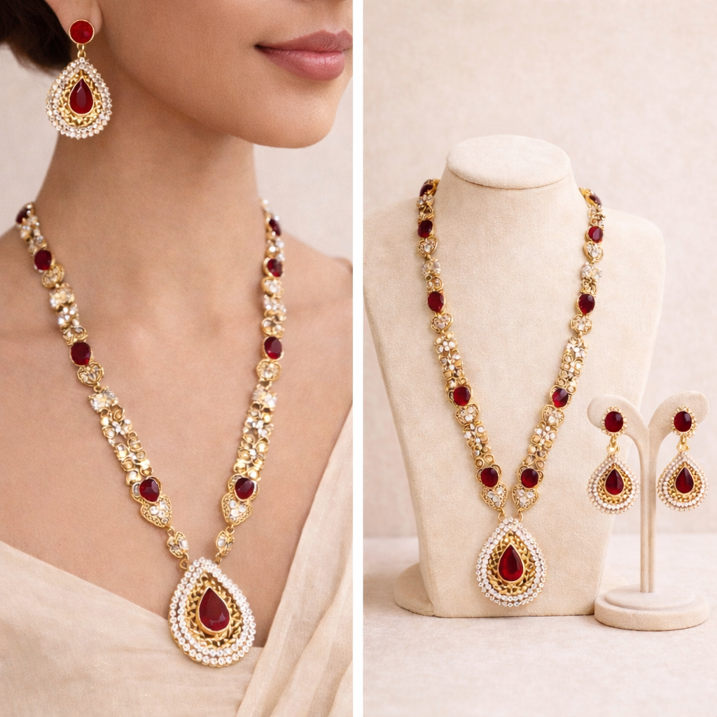 Ruby Jade stone Egyptian Mala & Earrings