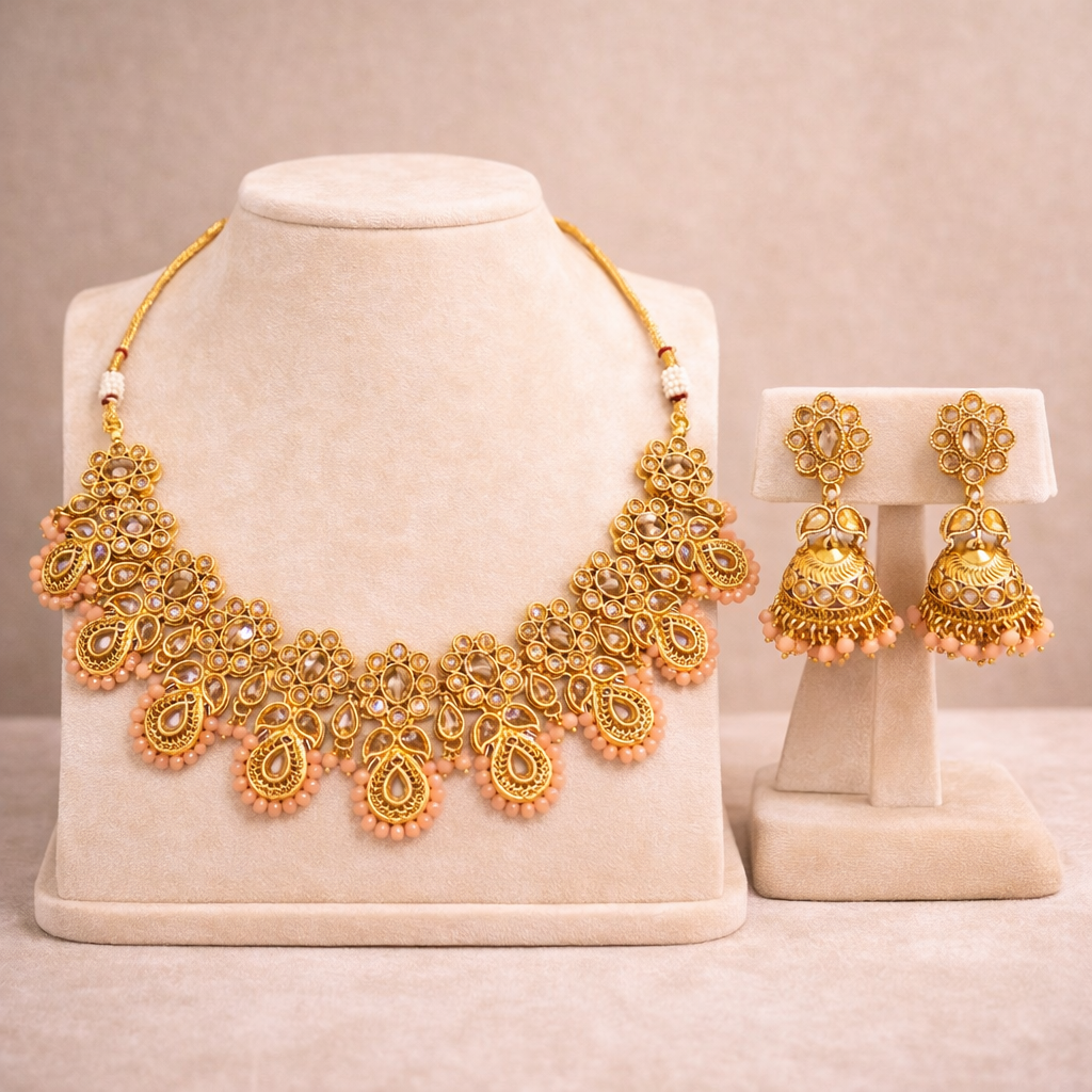 Pink Pearl Detailing Necklace set