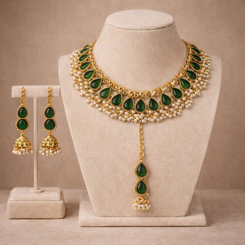 Marigold Teardrop Necklace set - Green