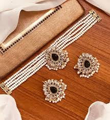 Heer Choker & Ear Studs set - Gold & Green