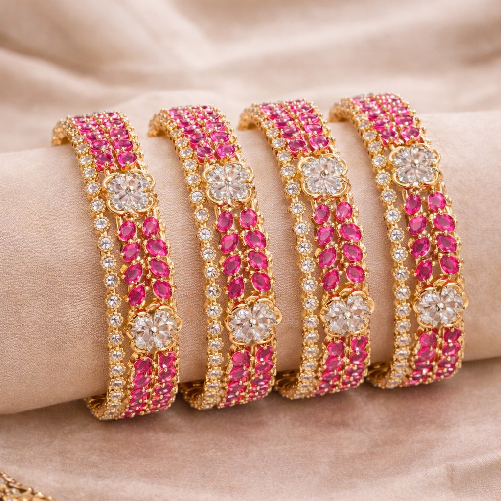 1 Karat Gold (8) Zirconia Flower Bangles - Pink