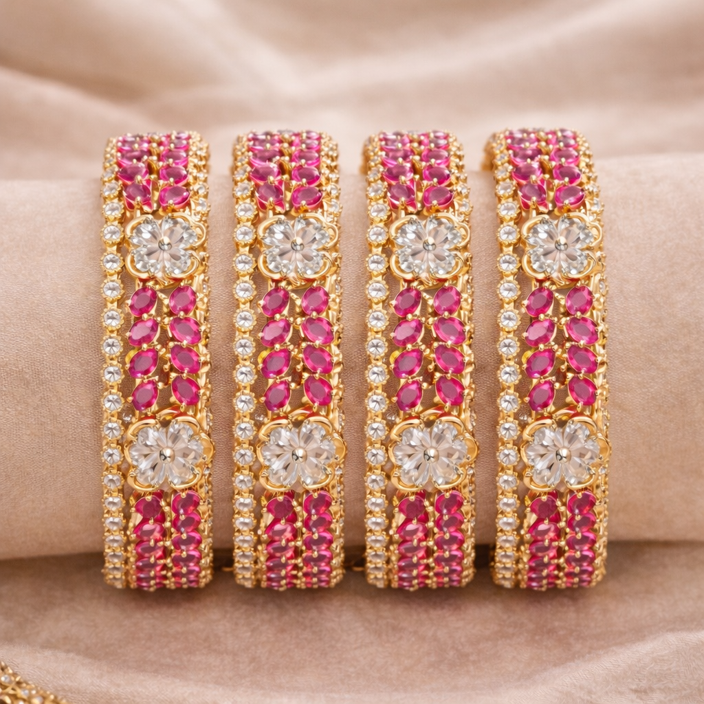 1 Karat Gold (8) Zirconia Flower Bangles - Pink