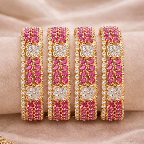 1 Karat Gold (8) Zirconia Flower Bangles - Pink