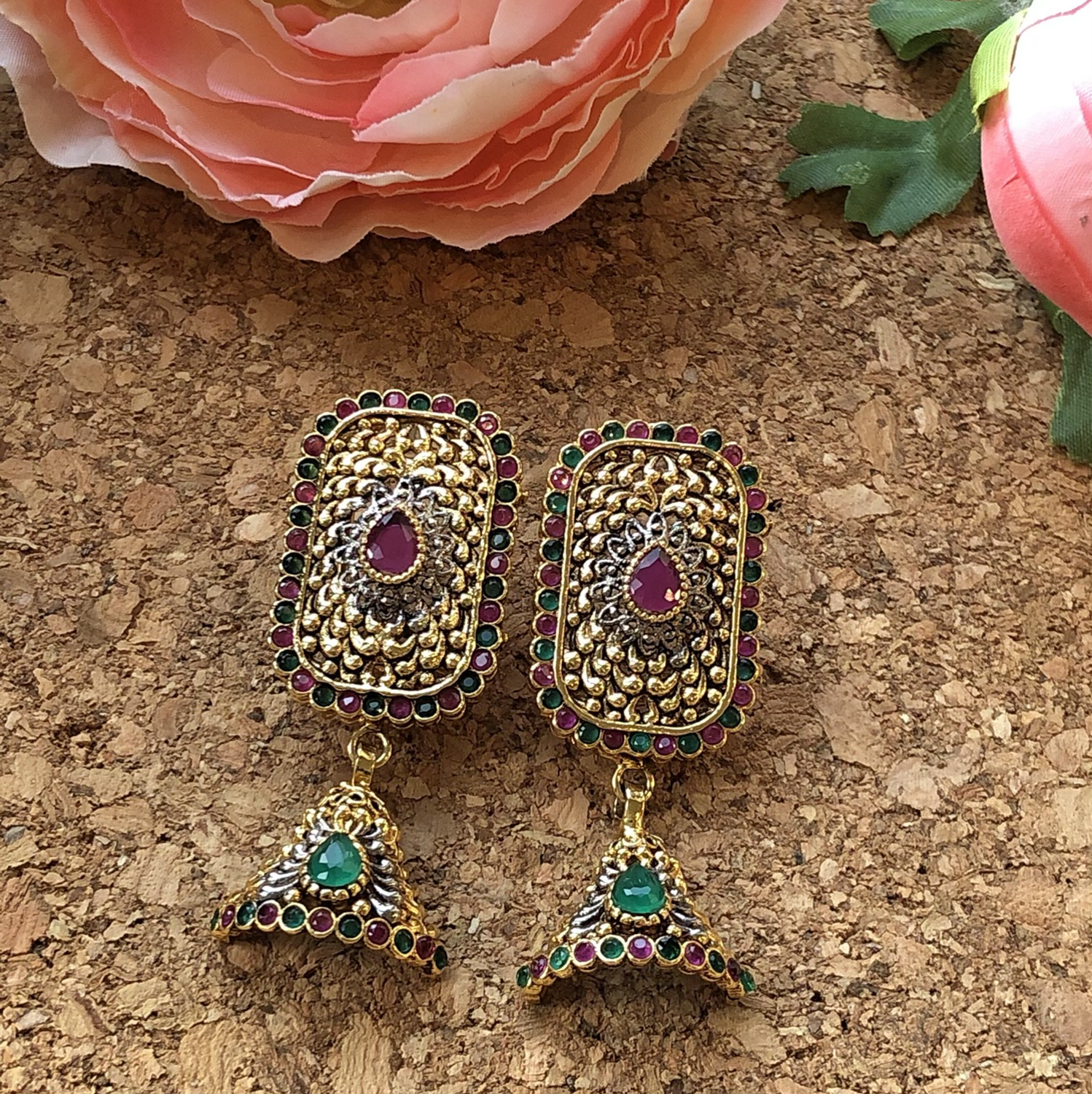 Arsh Oxidised Pink & Green Earrings