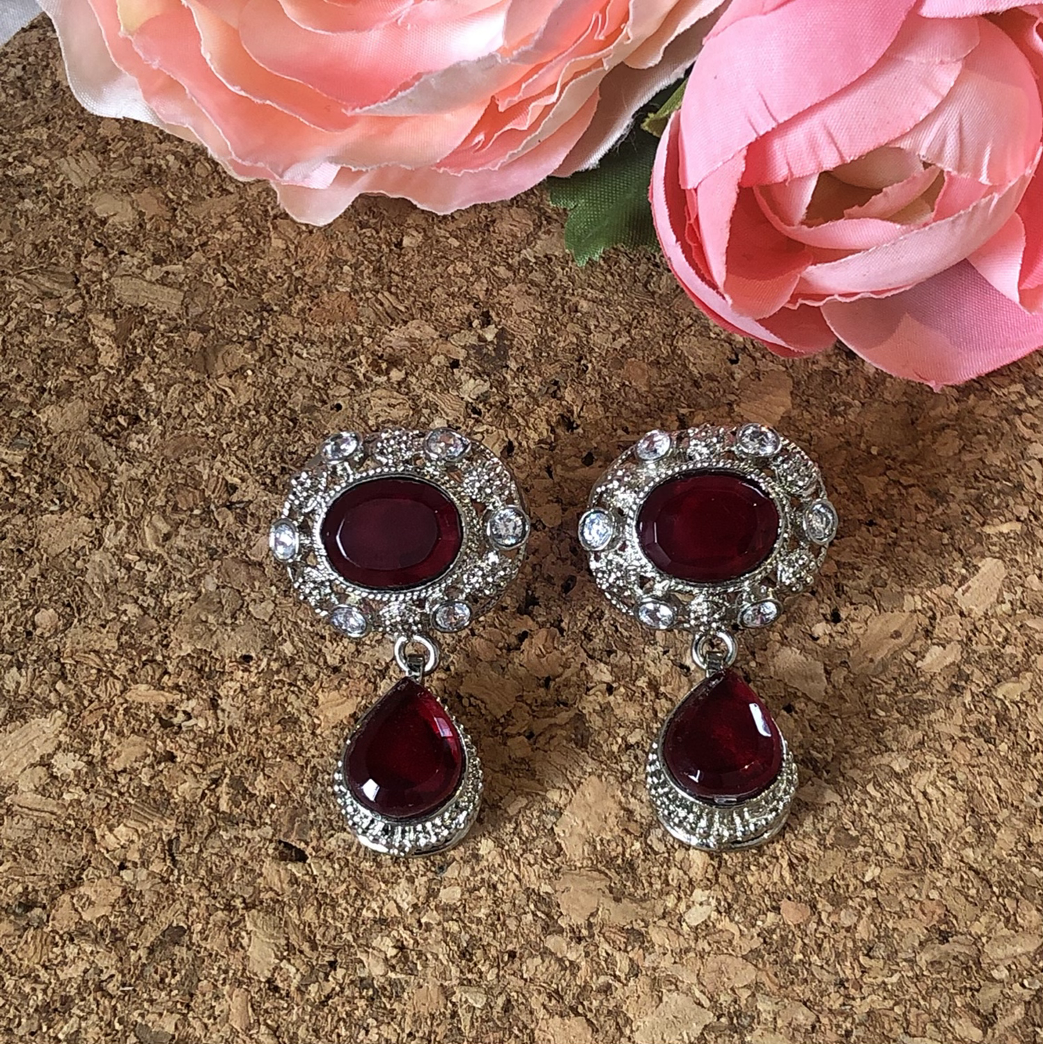 Valetta Silver & Ruby drop Studs