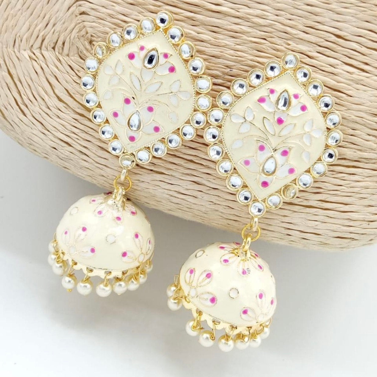 Floral Cream Meenakari Jhumka