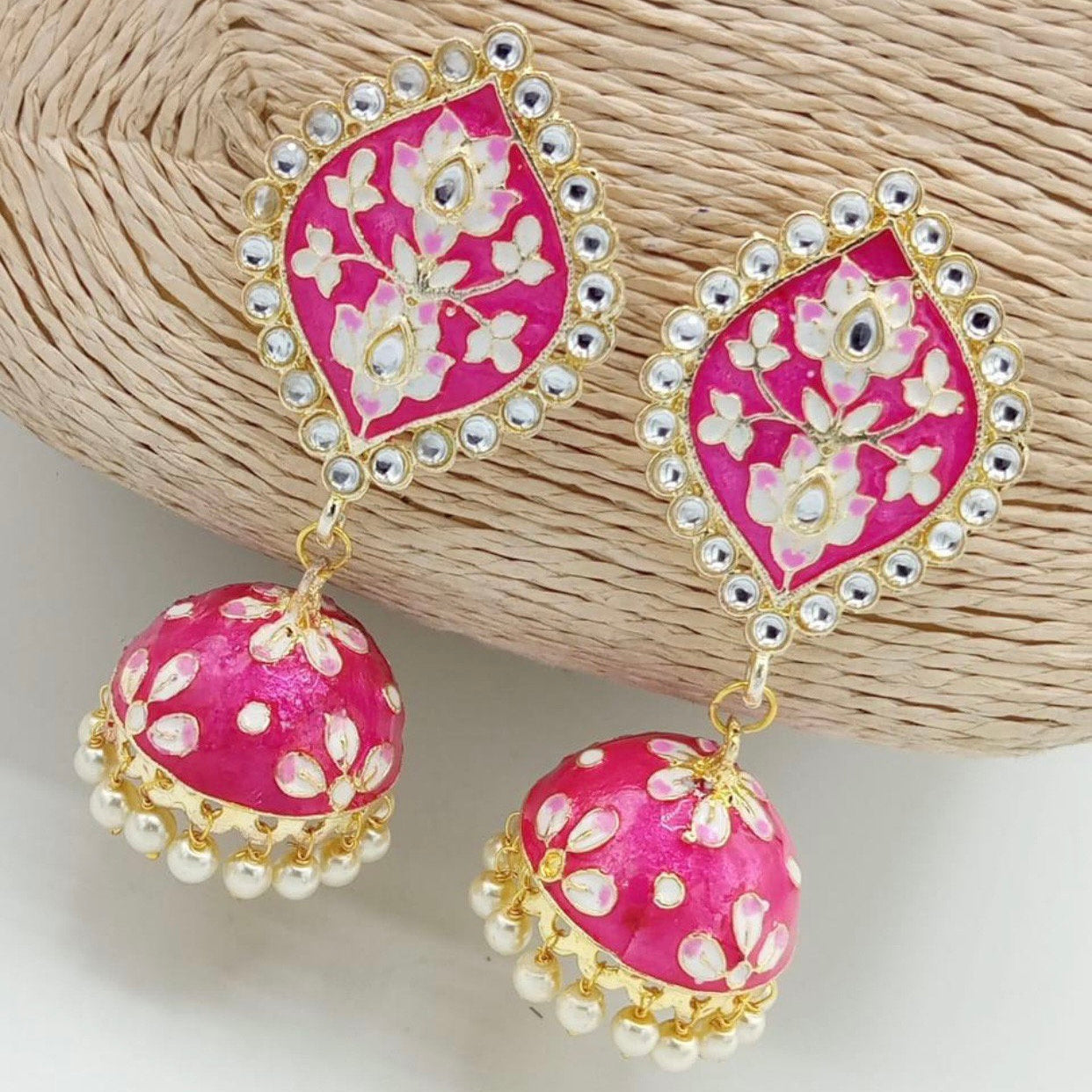 Floral Pink Meenakari Jhumka