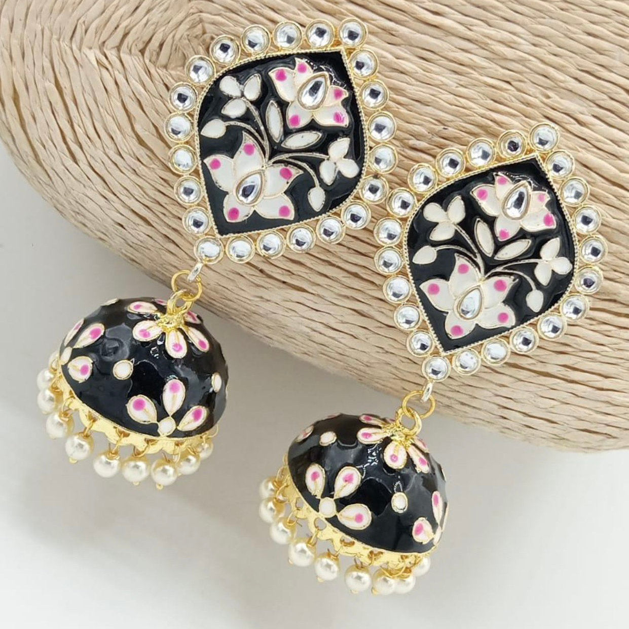 Floral Black Meenakari Jhumka