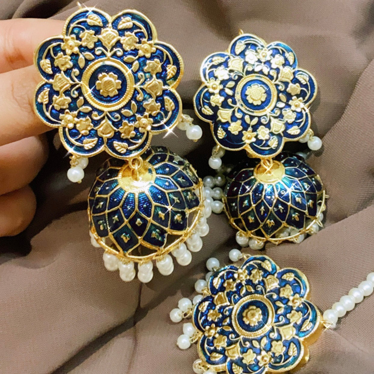 Meenakari Jhumka + Tikka (Blue)