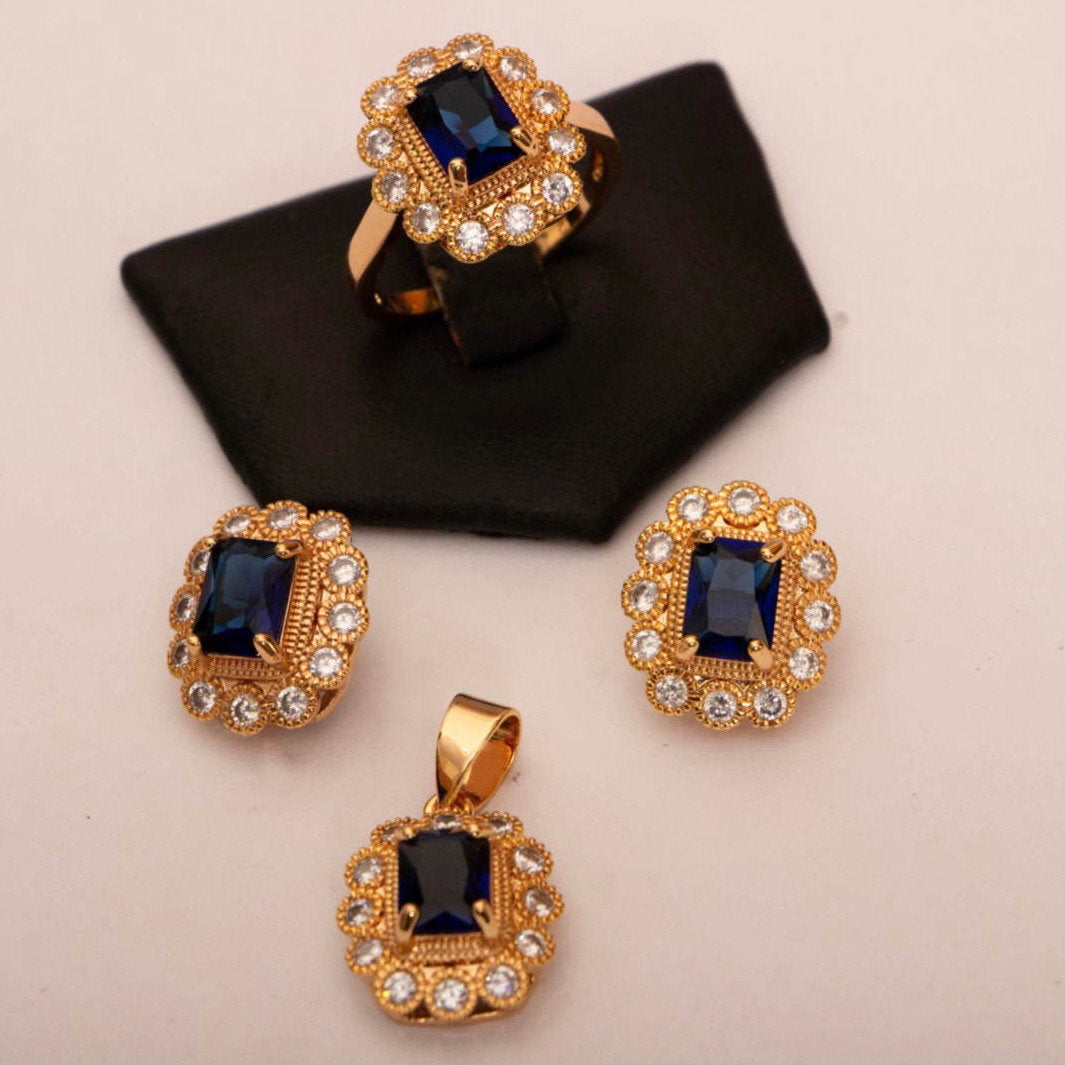 Cluster Sapphire 9ct Gold-Plated Pendant & Earring Set with Ring