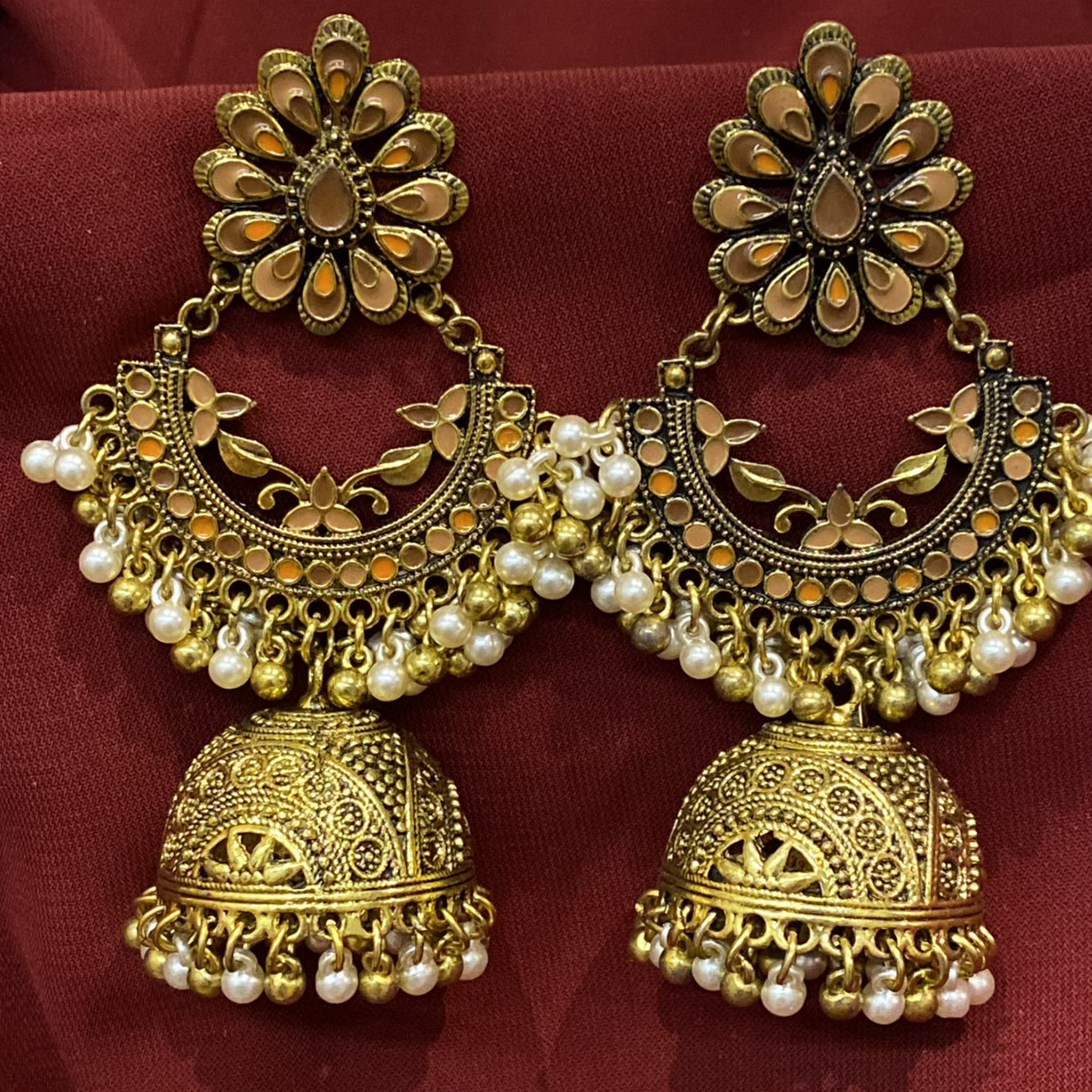 Antique Jhumki Earrings - Brown & Orange